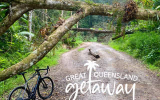 A photo of an e-gravel bike in the rainforest, with the logo for the Great Queensland Getaway promotion
