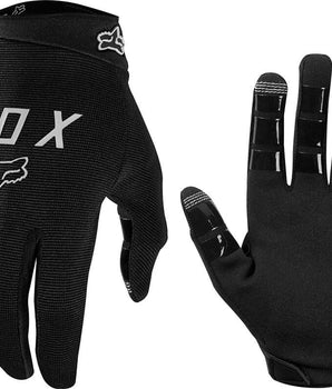 A photo of the black full finger Ranger gloves, with the silver Fox logo printed on the back of the palms and at the wrist, and showing the gel tips on the underside of the fingers.
