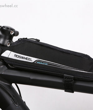 A photo of the Roswheel Race Cargo Bag attached to the top tube, showing the bag's velcro straps