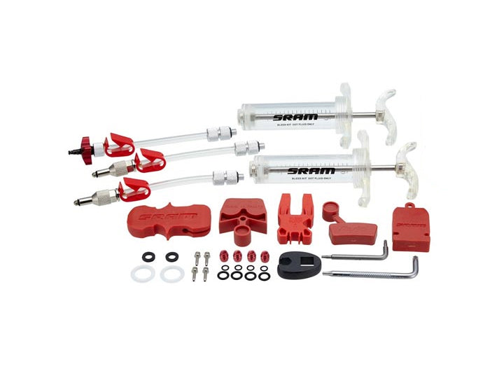A photo of all of the parts in the complete SRAM Brake Bleed Kit, including syringes, bleed blocks, and tools. This kit does not come with dot brake fluid.