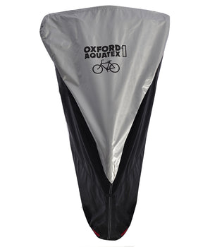 A photo of the front of the outdoor bike cover, showing the silver section of the cover with a black graphic of a bike over it. The text on the polyester cover reads 'Oxford Aquatex 1"