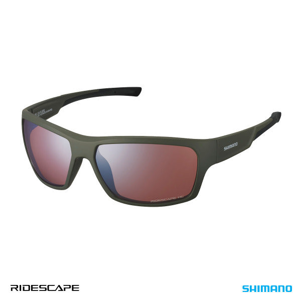 A photo of the Bronze Green Shimano Pulsar sunglasses, with Ridescape lenses.
