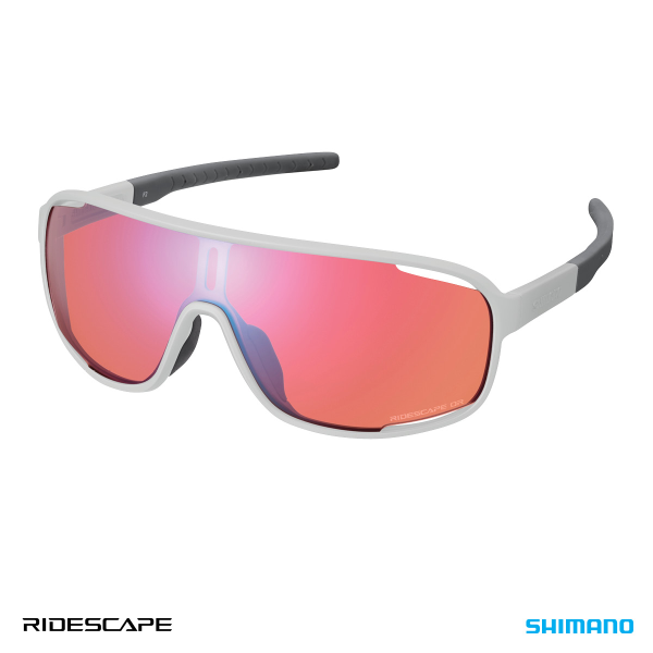 A photo of the Light Grey Shimano Technium Sunglasses, with red Ridescape lenses.