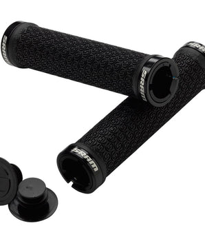 A photo of the black SRAM Locking Handlebar Grips, with imprinted rubber grips, metal ends, and two lock in plugs for the ends.