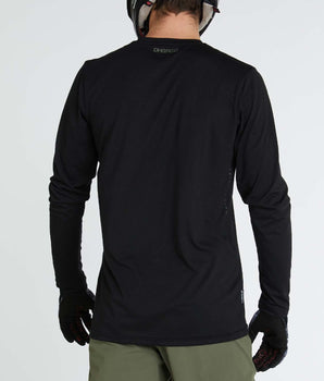 A photo of the back of the Classic Black Long Sleeve Tech Tee, showing the all black design, with a small DHaRCO logo at the back of the neck.