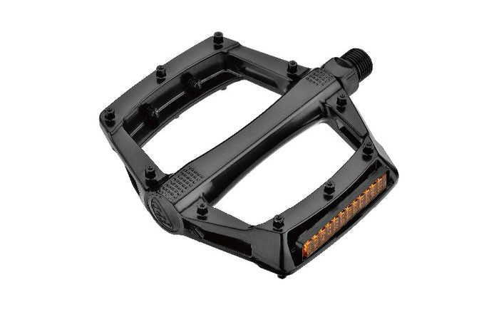 A photo of the FPD 9/16" BMX flat pedals, with the reflector on the sides of the pedals