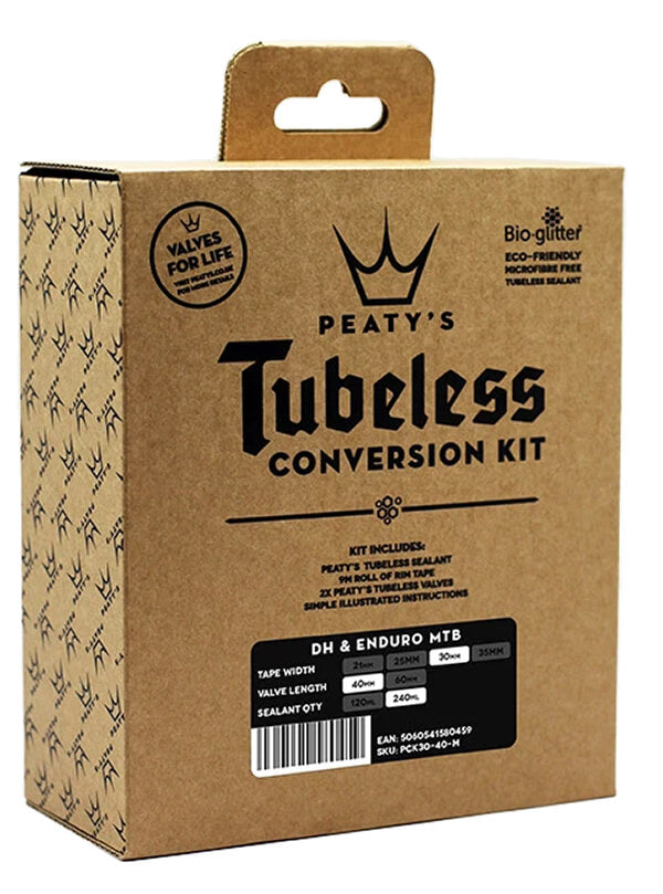 A photo of the box for the Peaty's Tubeless Conversion Kit. The box mentions all of the specifications and included parts, as well as mentioning that the kit uses eco-friendly bio-glitter.