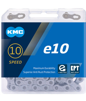 A photo of the KMC e10 10 speed chain for ebikes, with EPT superior anti-rust protection and maximum durability.