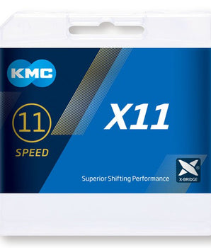 A photo of the KMC 11 Speed x11 chain packaging, with X-Bridge technology and superior shifting performance.