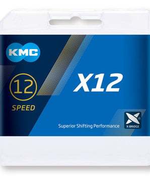A photo of the KMC 12 Speed x12 chain packaging, with X-Bridge technology and superior shifting performance.